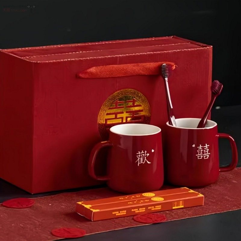 婚礼牙刷杯套装牙杯一对红色漱口水杯新娘嫁妆水杯夫妇刷牙圆柱,淘宝优惠券,粉丝福利购,淘宝优惠卷