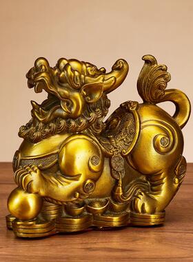 纯铜金钱貔貅摆件公母一对客厅镇宅招财办公室店铺开业铜皮丘聚财
