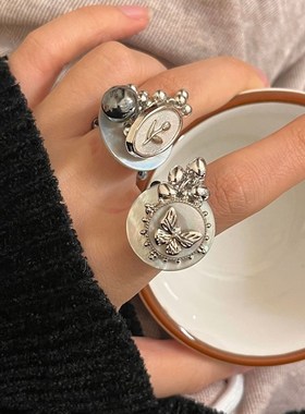 新中式古风纽扣贝壳手工串珠戒指女复古冷淡O风弹力绳可调指环戒