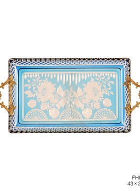 茱莉安法式奢华艺术浪漫蓝色托盘彩绘玻璃配铜碟装饰桌面摆件送礼