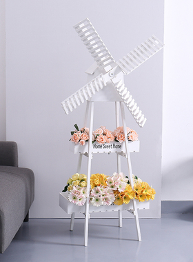 田园创意风车花架落地摆件家居阳台装饰品花店橱窗木质置物架摆放