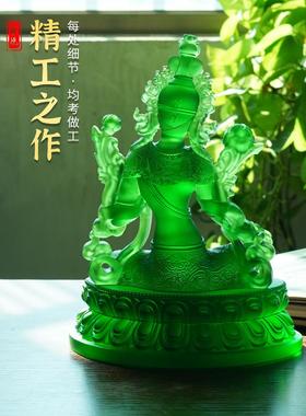 尼泊尔藏式琉璃绿度母佛像摆件家庭家用供奉观音佛像菩萨镶嵌宝石