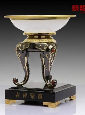 聚宝盆琉璃白玉工艺品摆件乔迁开业礼品送领导装饰品办公桌摆设