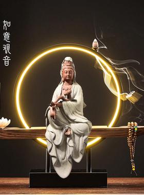 自在观音菩萨家用供奉观音佛像坐像玄关中式摆件禅意灯办公室高档