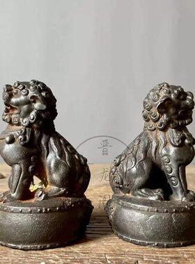 铸铁坐鼓狮子一对 狮子 案头摆件 覆古怀旧居家摆设收藏吉祥