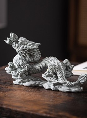 创意办公客厅青砂石招财生肖龙瑞兽祥龙鱼缸造景沉底实心装饰摆件