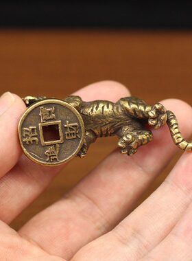 小号纯铜生肖老虎桌面摆件 实心黄铜宝铜钱小老虎猛虎铜器手把件