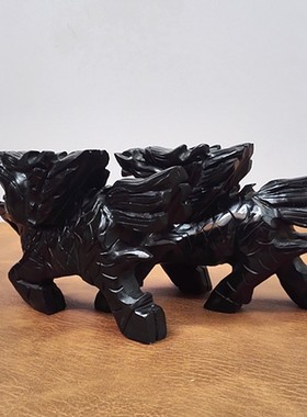 天然黑玉麒麟一对摆件黑曜石玉石送子麒麟玉雕家居办公工艺品摆设