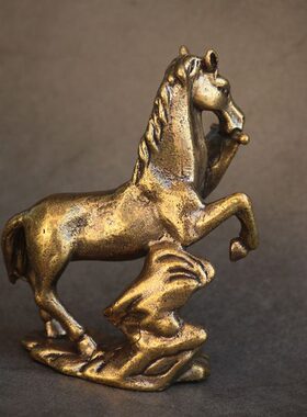 复古实心纯黄铜办公桌面车载小摆件马到成功茶宠工艺品手把玩件