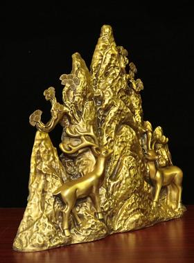 纯黄铜双鹿大靠山路路畅通发财泰山五指山梅花鹿青山绿水金山摆件