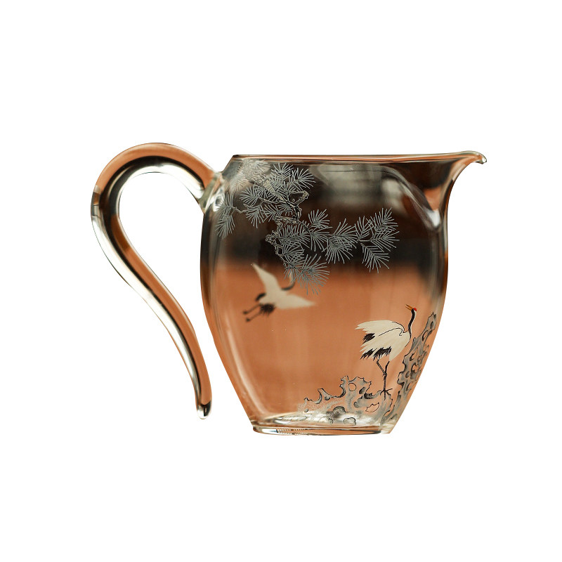 宏逐青松瑞鹤耐热玻璃公道杯家用草堂把手公杯分茶器泡茶匀杯茶海,淘宝优惠券,粉丝福利购,淘宝优惠卷