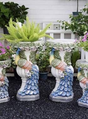 孔雀庭院装饰摆件创意别墅阳台布置户外北欧罗马柱花架花盆底座