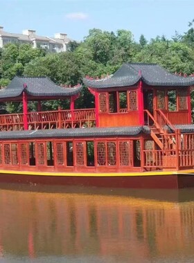 木船画舫船大型水上餐饮船层电动游船实木质房船观光旅游船