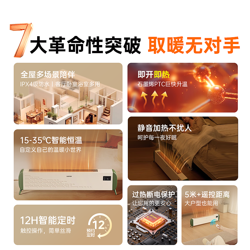 苏泊尔石墨烯踢脚线取暖器家用节能电暖气暖风机冬季烤火炉2025新