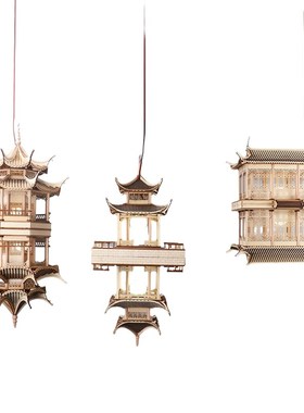 新创意实木古建筑模型亭子造景悬挂镜像吊饰样板房酒店