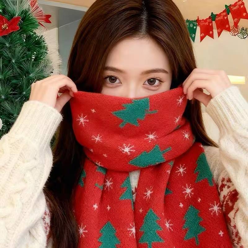YJ红色圣诞树针织围巾韩系氛围感冬季保暖百搭情侣圣诞礼物围脖