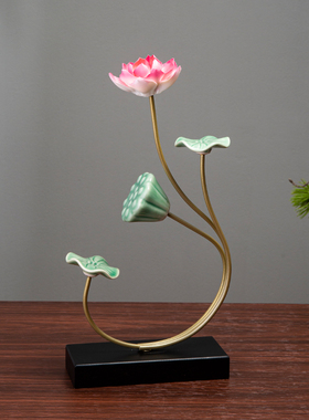 创意荷花摆件新中式铁艺陶瓷莲花工艺品家居客厅玄关电视柜装饰品