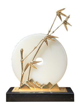 纯铜新中式玉石摆件客厅酒柜轻奢装饰博古架玄关书房摆设竹平安扣