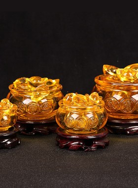 吉祥居李居明黄水晶聚宝盆摆件琉璃元宝招财聚财玄关开业乔迁礼品