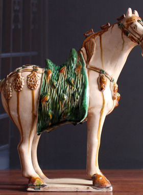 陶瓷马摆件仿古工艺品三花马家居博古架收藏古玩招财唐三彩高28cm