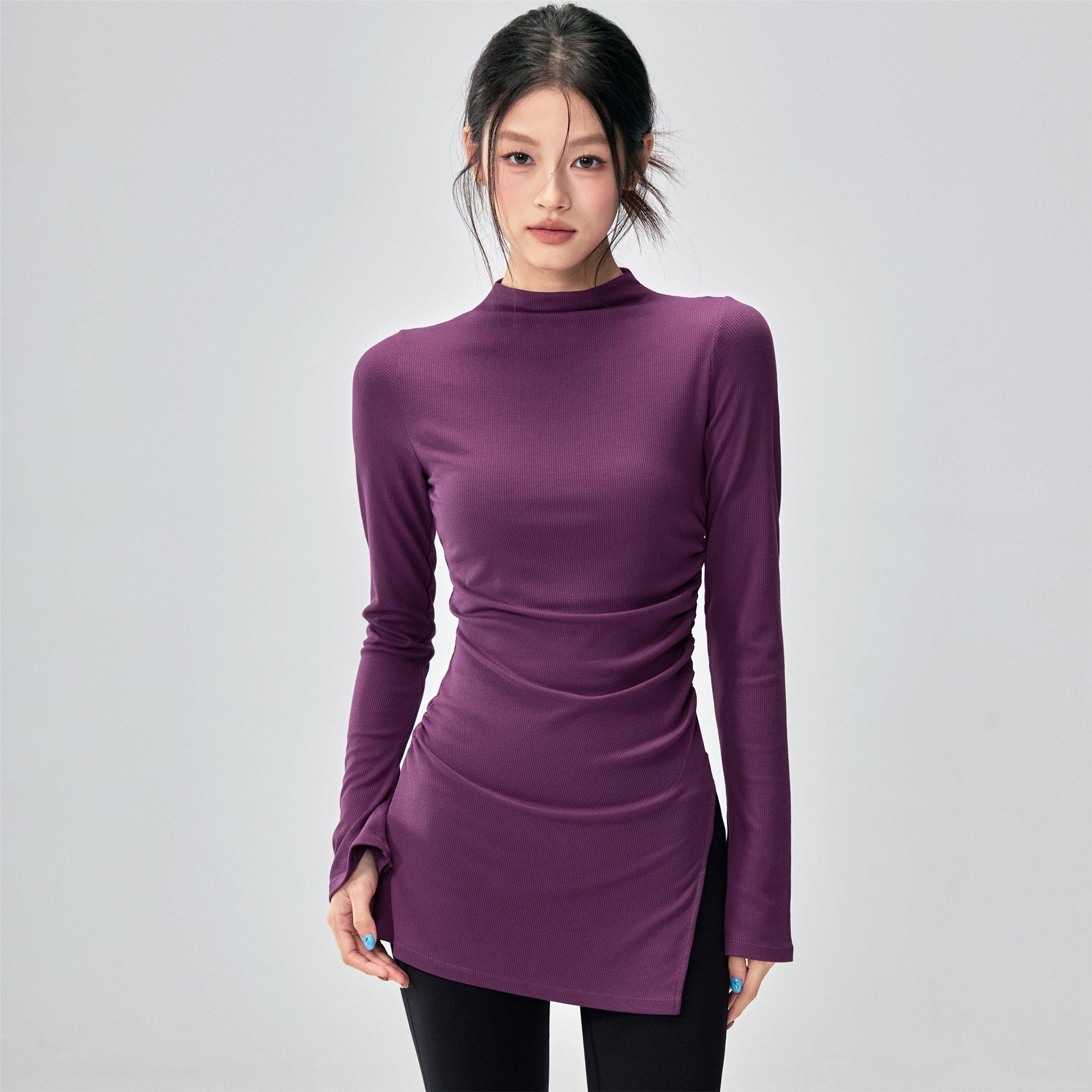 秋冬长袖半高领显身材时尚紧身运动喇叭罩衫普拉提训练紫色上衣女,淘宝优惠券,粉丝福利购,淘宝优惠卷