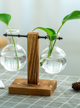 创意简约透明玻璃木架水培花瓶桌面摆件绿萝植物容器装饰品新品