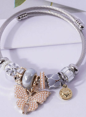 韩版彩色水晶珍珠蝴蝶手镯女手链