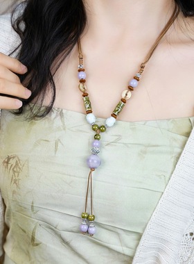 不掉色景德镇陶瓷吊坠蜡绳项链女