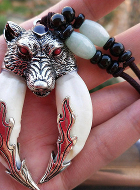 藏银狼狗牙吊坠情侣项链棉绳男女