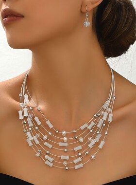 民族风多层叠戴串珠项链竹节耳环