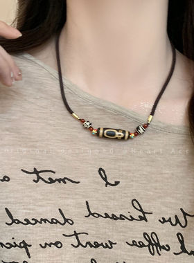 藏式民族九眼天珠吊坠棉麻绳项链