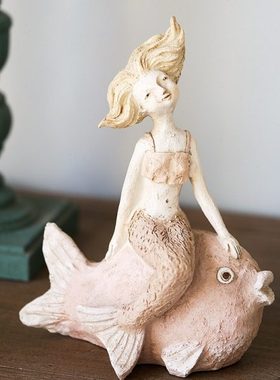 油画质感摆件 创意手工树脂园艺装饰品家居卧室可爱萌 美人鱼少女