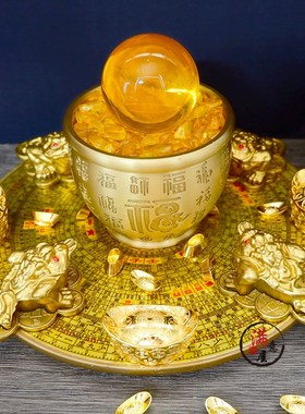 黄铜金蟾吐宝聚财阵招财摆件百福缸家中客厅财位门店铺公司办公室