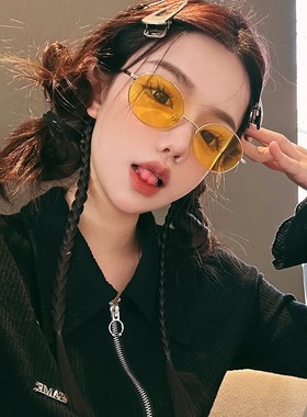 复古猫眼金属小脸黄色级感太阳眼镜女凹造型防晒墨镜欧美辣妹潮