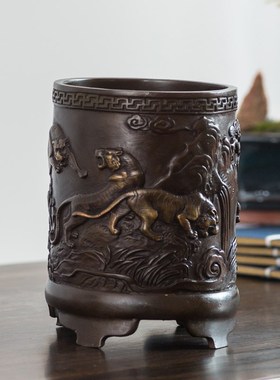 铜韵堂 铜制五虎笔筒摆件 创意个性书房装饰品教师节礼物铜工艺品