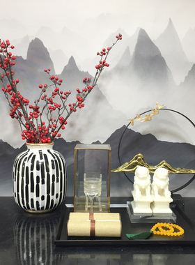 新中式样板房售楼处会所客厅仿古饰品书房书法毛镇尺书画组合摆件