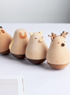 办公室桌面创意解压小摆件客厅电视柜北欧创意木质动物不倒翁摆设