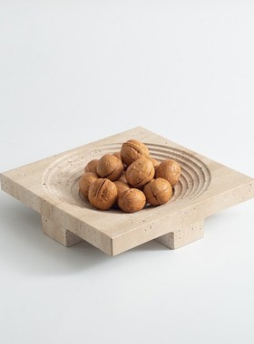 侘寂风极简三脚黄洞石果盘客厅茶几干果盘样板房别墅会所零食托盘