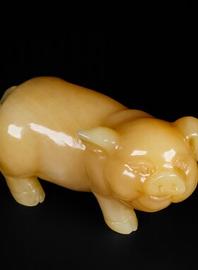 天然黄玉猪摆件招财十二生肖玉石猪客厅玄关办公室装饰摆设开业