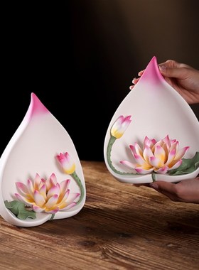 一路连升陶瓷莲花摆件手工瓷花中式客厅玄关佛前装饰工艺品礼品
