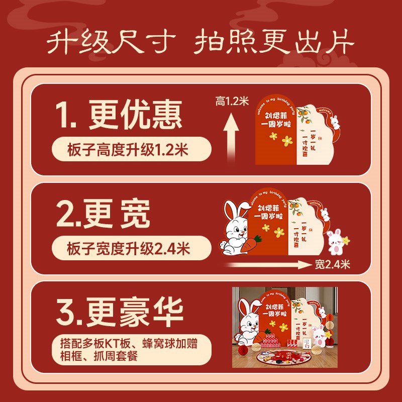 兔宝宝一周岁生日布置红色场景kt板背景墙装饰男宝女宝抓周道具1 - 图2