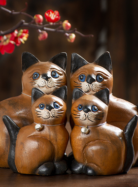 泰国木雕工艺品可爱小猫咪摆件创意木质客厅装饰品情侣结婚礼物