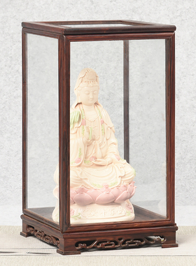 红酸枝木左右移门宝笼玻璃罩实木质底板工艺品佛像古董展示防尘罩
