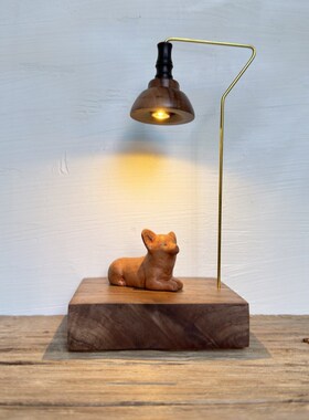 木雕狗狗柯基木质木制桌面创意礼品礼物原木风实木小夜灯装饰摆件