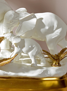 美式欧式办公室桌面陶瓷配铜摆件玄关壁炉大象母子象奢华大气摆件