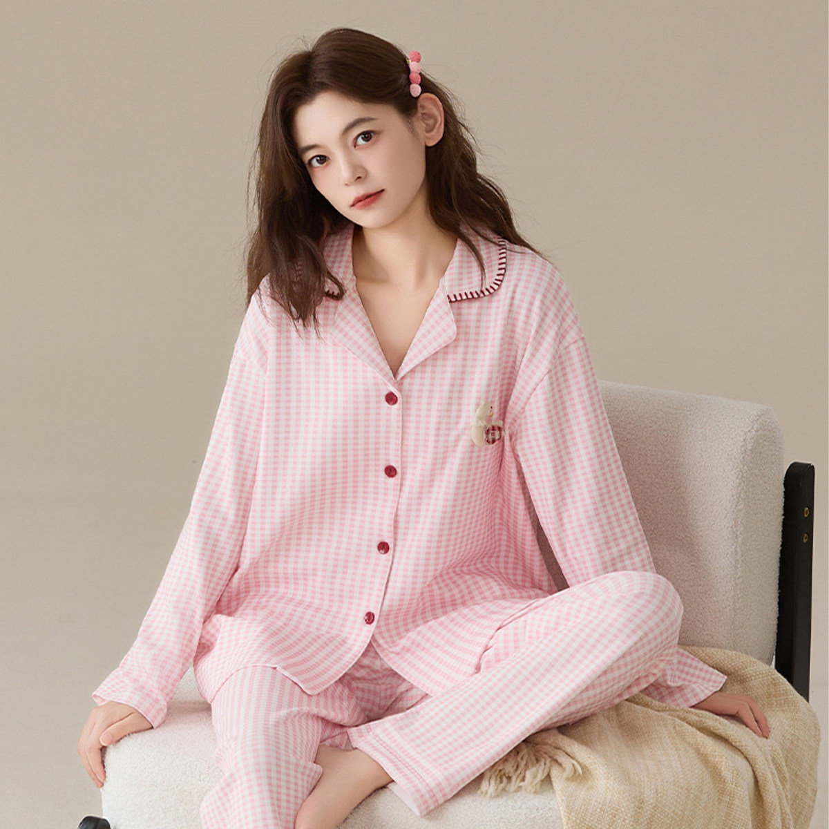 檐花纯棉睡衣女款春秋款2026新款长袖长裤粉色格子女士家居服套装,淘宝优惠券,粉丝福利购,淘宝优惠卷