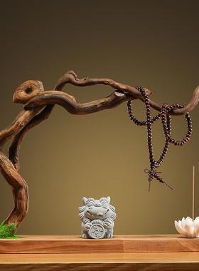 天然实木根雕摆件创意家居客厅装饰工艺品风化木树根禅意悟空底座