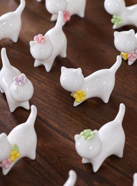 陶瓷捏小猫咪白瓷粉色花可爱少女心茶桌书桌手工摆件小清新装饰品
