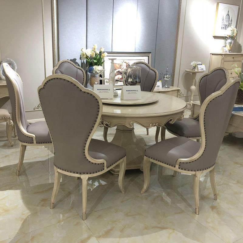 欧式餐桌椅组合简欧奢华餐厅实木雕花圆桌大理石饭桌皮艺椅子家具 - 图3