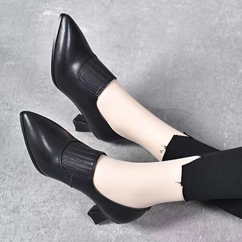 真皮气质高跟鞋女2025年春季新款尖头深口一脚蹬百搭中跟小皮鞋女,淘宝优惠券,粉丝福利购,淘宝优惠卷